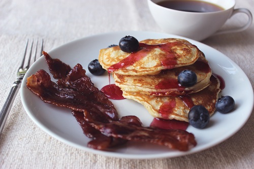 Blueplate Special Blueberry Pancakes With A Side Of Blueberry Glazed Bacon Food Professionals 1492